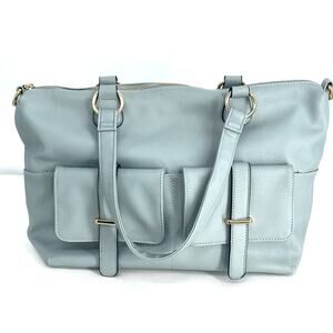 Womens Light Blue Leather Tote Bag with Front Pockets Gold Hardware Shoulder Bag